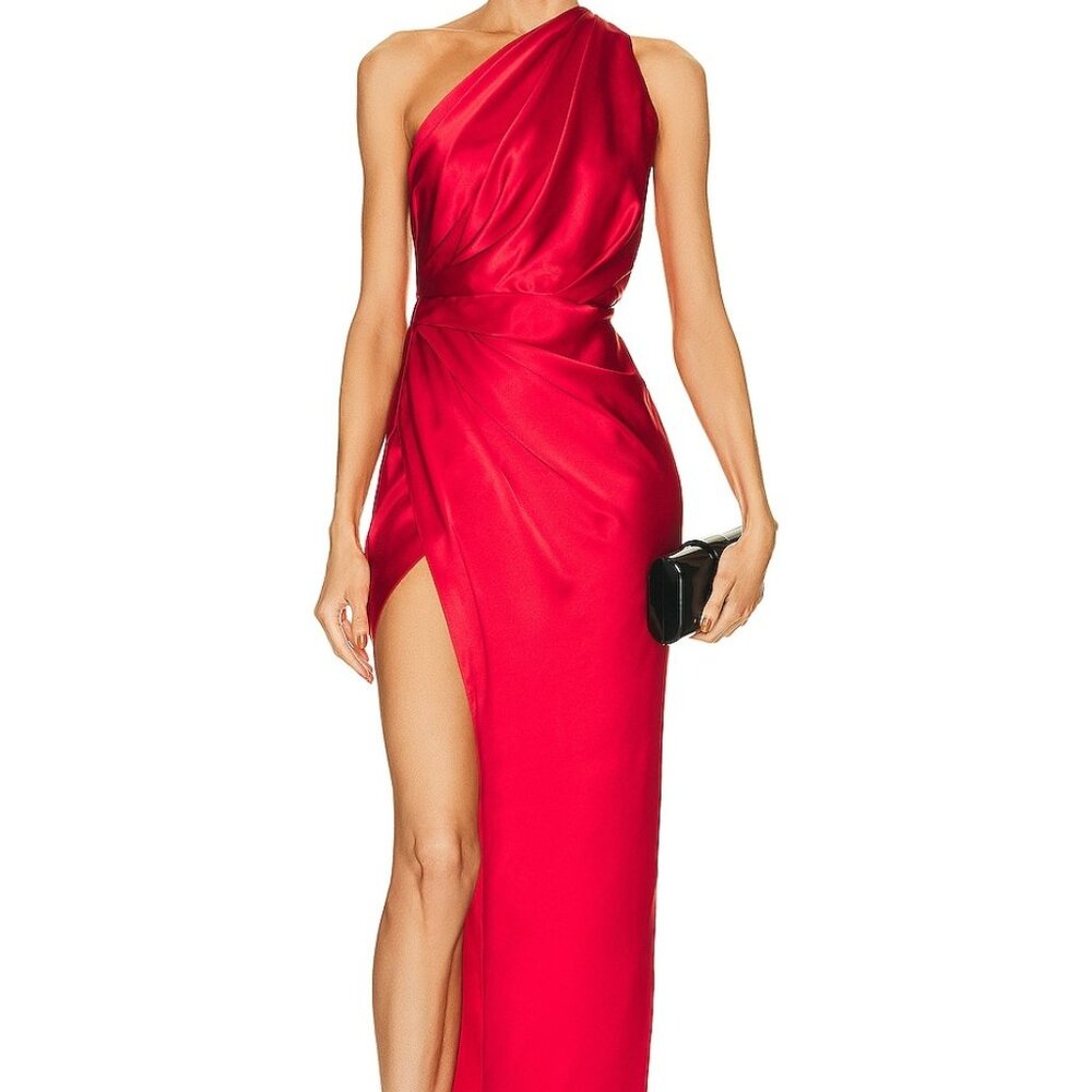 The Sei Asymmetric Drape Gown Scarlet Red Silk Satin Formal Maxi Dress 0 XS